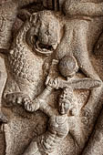 Mamallapuram - Tamil Nadu. the Mahishamardhini cave. The panel of Durga engaging Mahishasura.